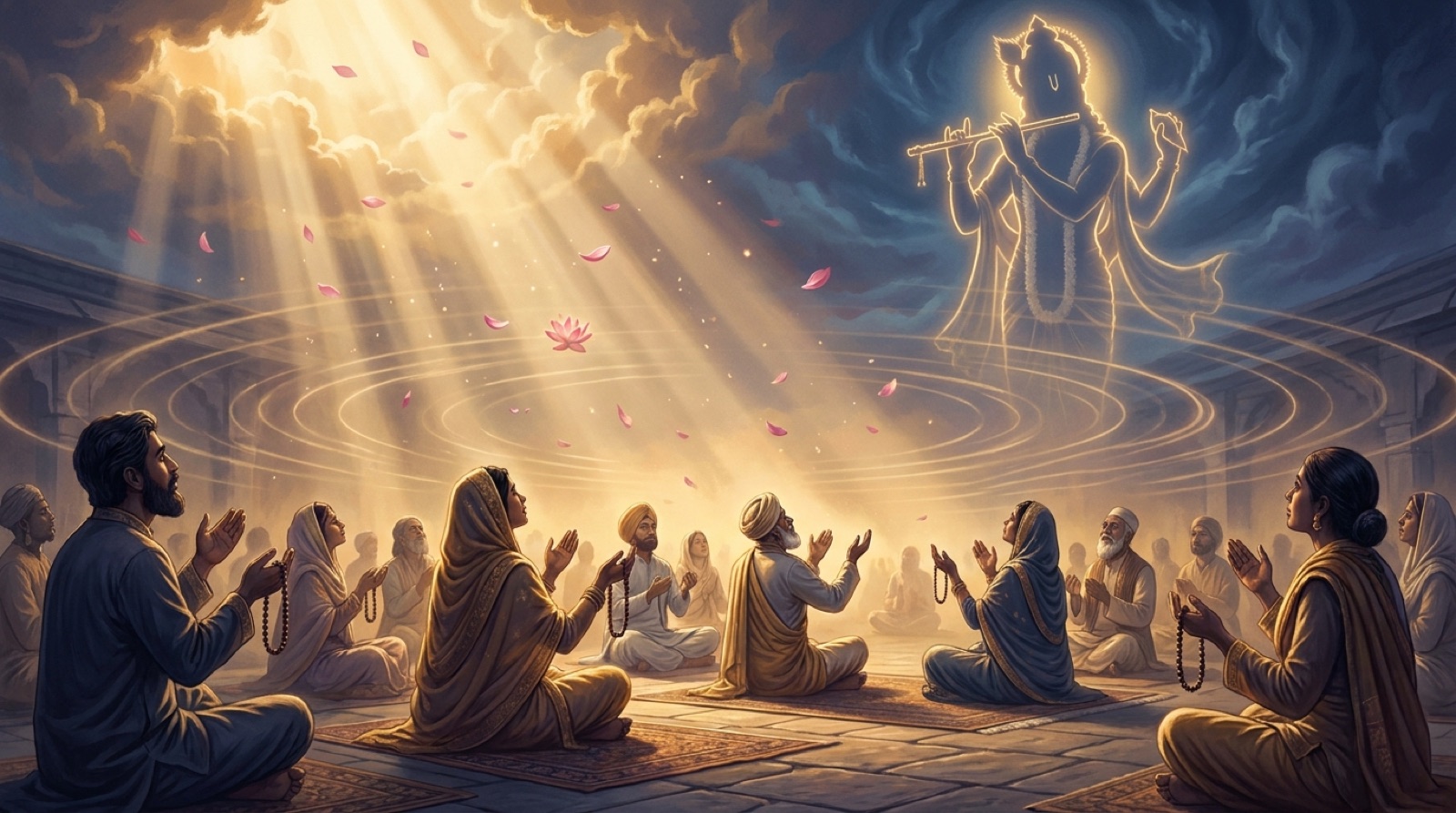 Devotees chanting the name of Madhaba at dawn