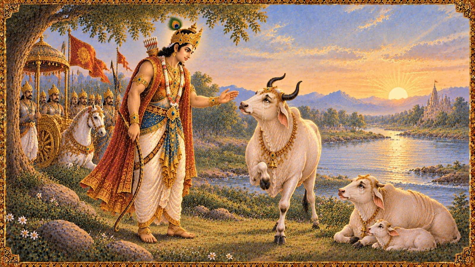 सुनहरे रथ पर धनुष चढ़ाए सम्राट परीक्षित सरस्वती-तट पर उस कलि का सामना करते हुए जो श्वेत बैल और रोती हुई गाय को पीट रहा है