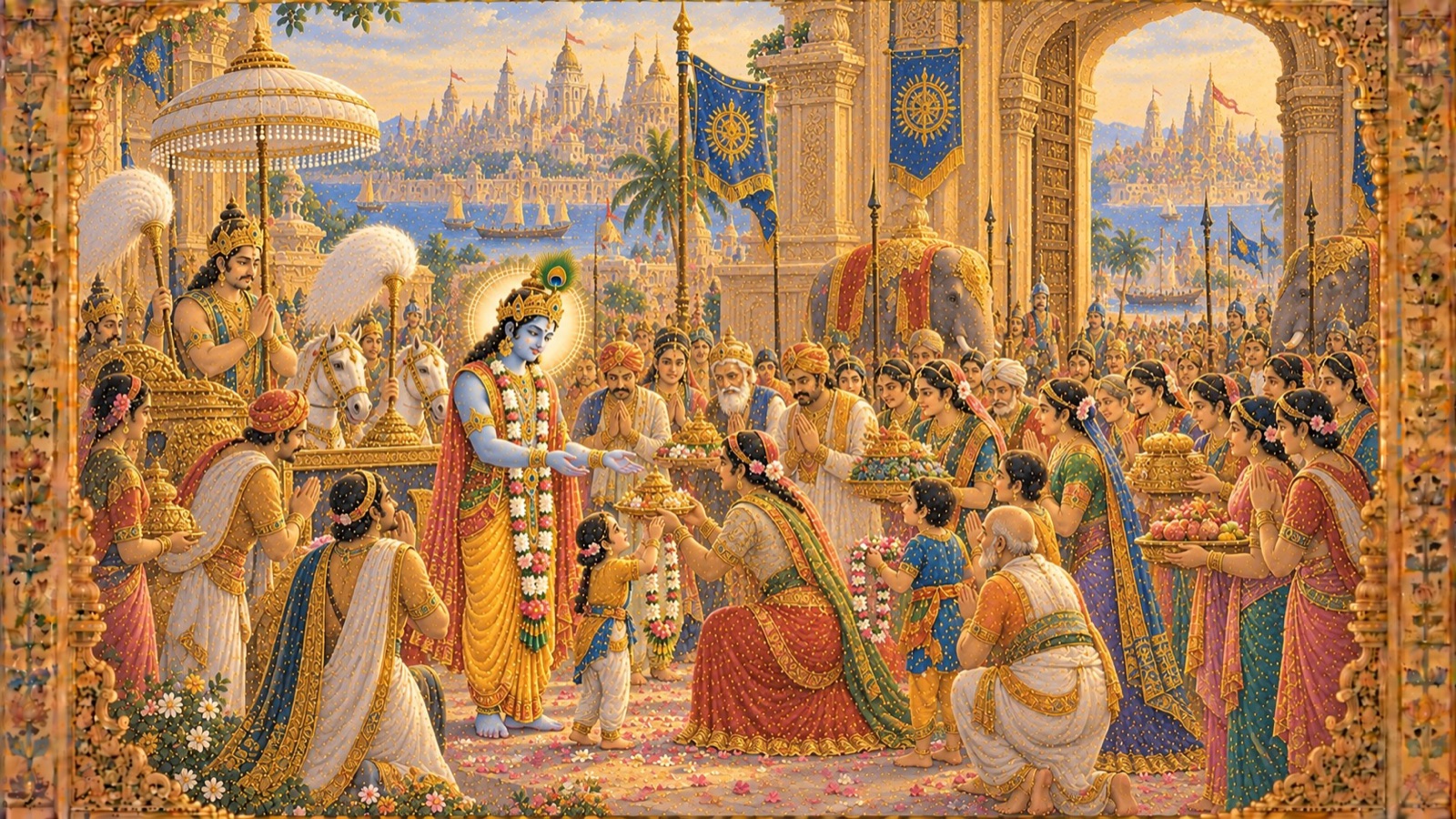 भेंटें लिये श्रीकृष्ण से मिलने उमड़ते द्वारका के नगरवासी, हर्ष से खिले मुख