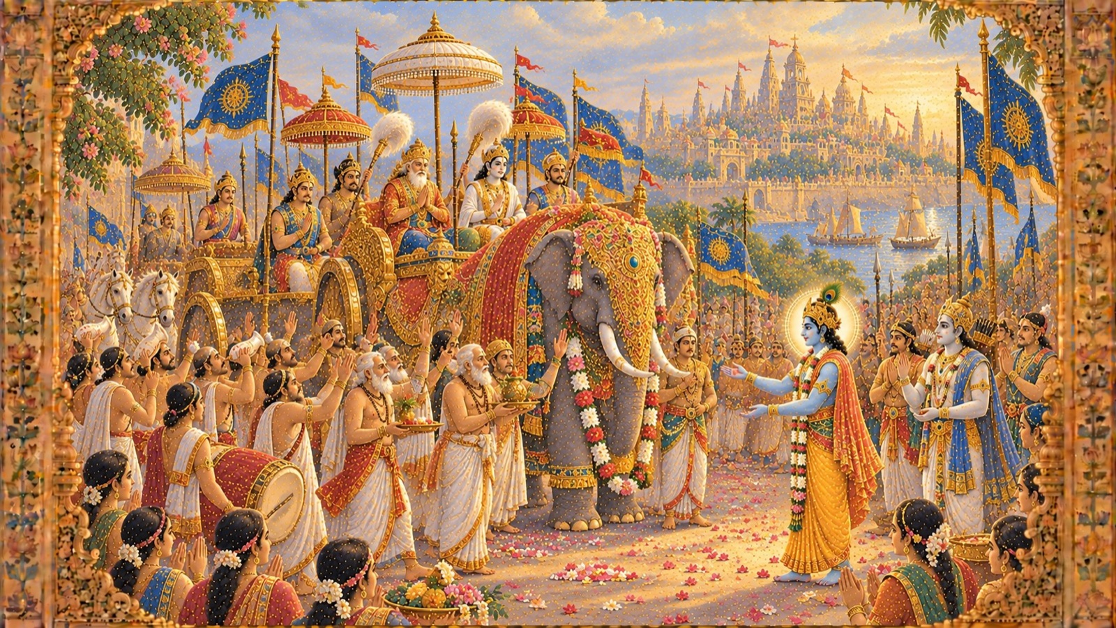 गजराज और मन्त्रोच्चार करते ब्राह्मणों के नेतृत्व में हर्षित शोभायात्रा में वसुदेव, उग्रसेन, बलराम और यादव स्वजन