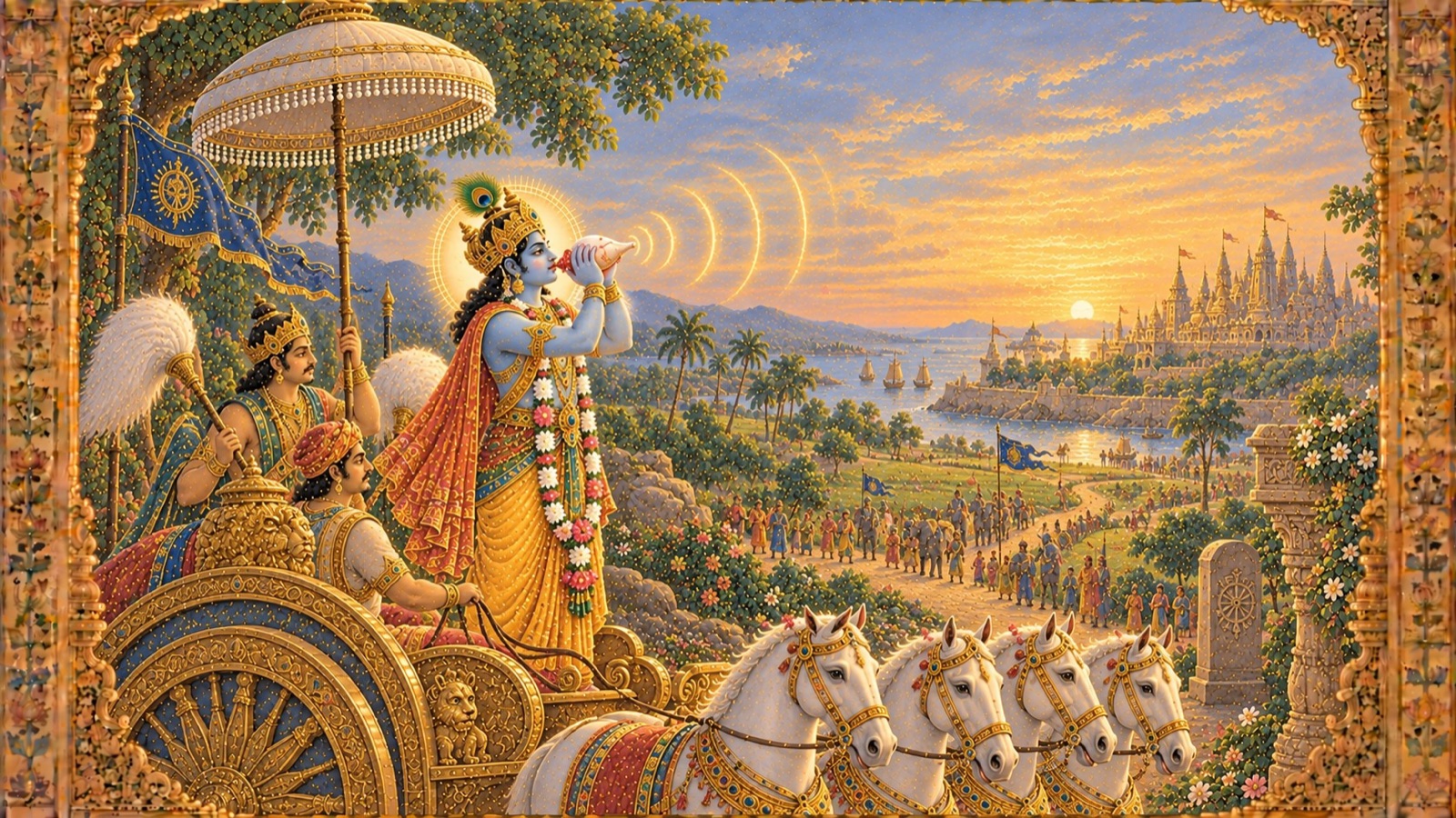 Sri Krishna raising and sounding His great conch the Panchajanya as He reaches the borders of His own land