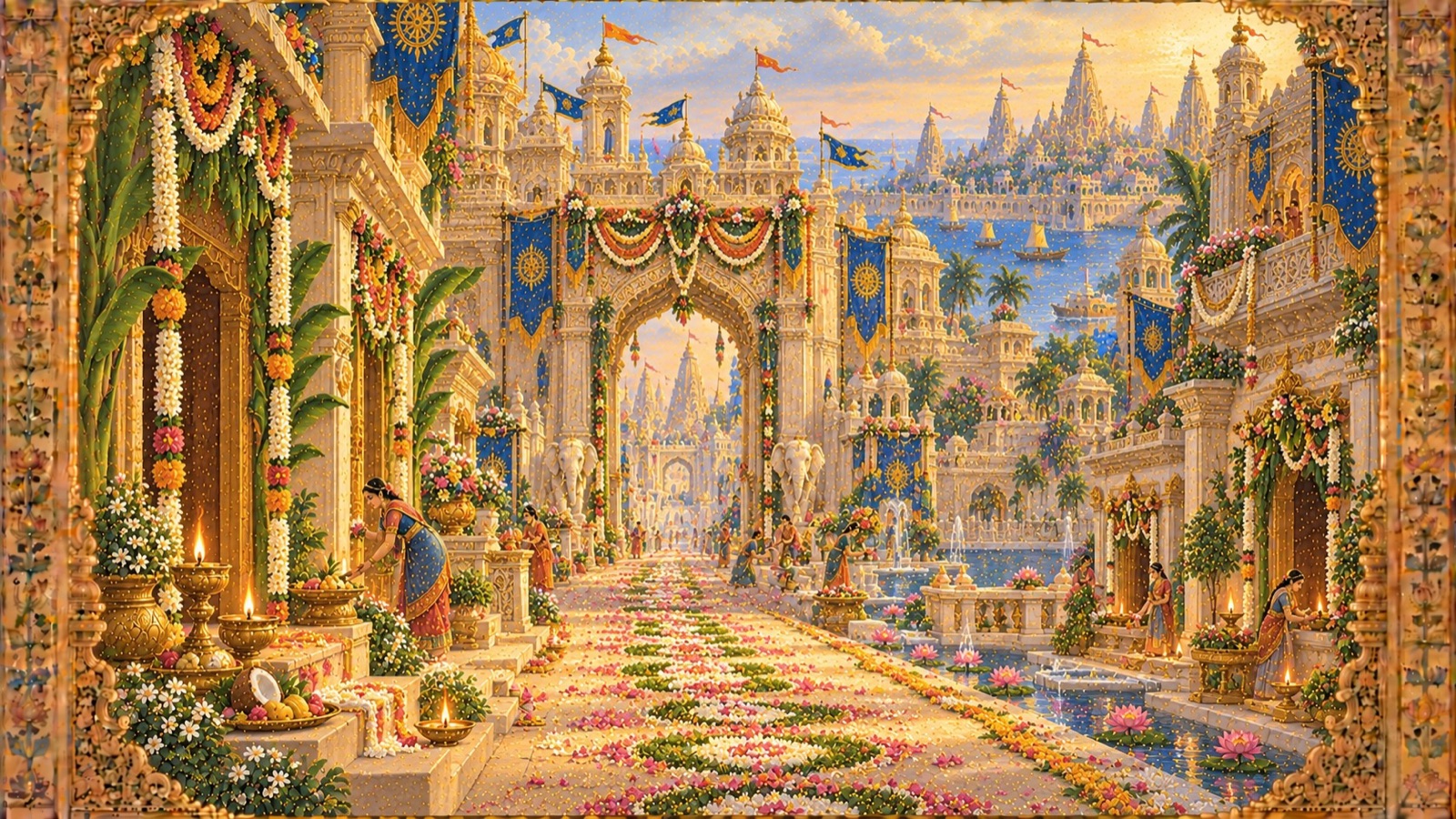 The city of Dwaraka decorated with festoons, flags and banners, its swept streets strewn with flowers before the Lord's arrival