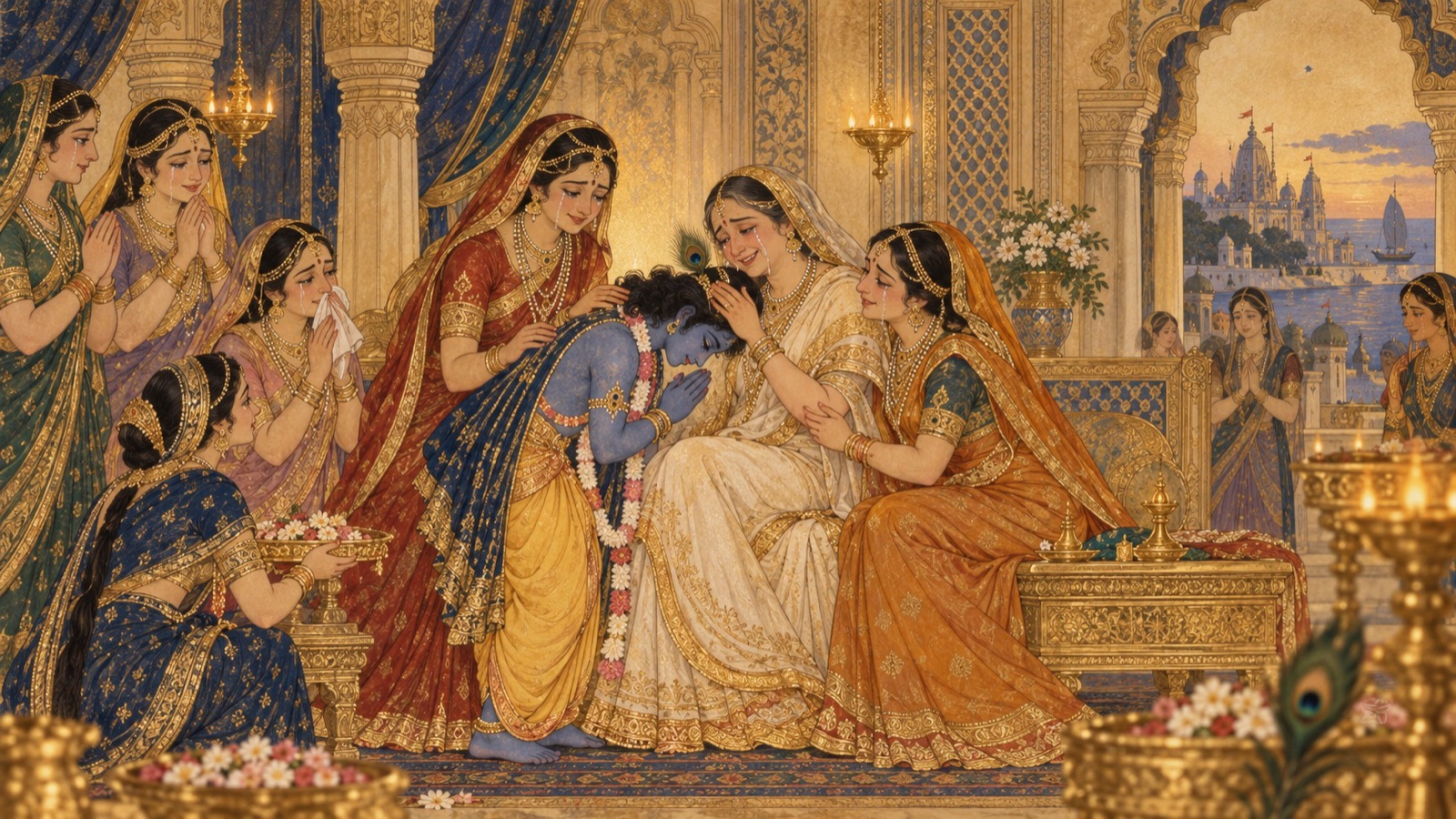 Sri Krishna bowing to His seven mothers, who take Him upon their laps and weep for joy