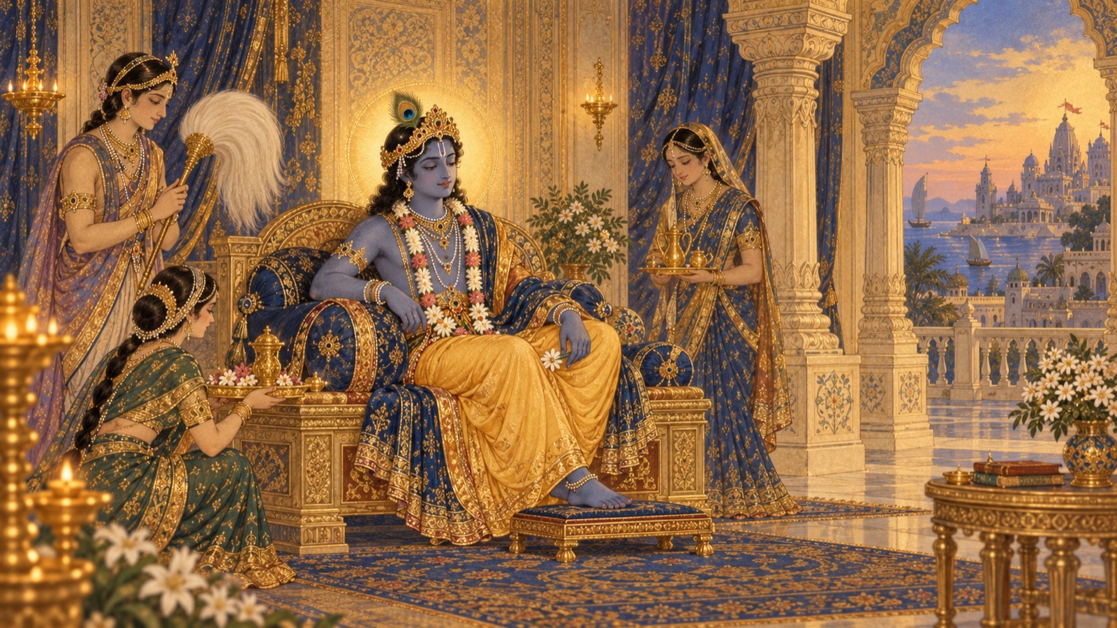 Sri Krishna seated serene and luminous amid His household, untouched by the world around Him
