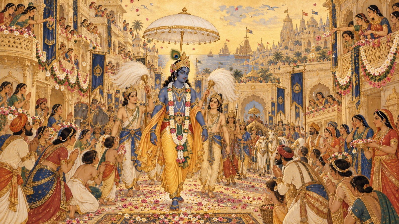 Sri Krishna entering Dwaraka beneath a white umbrella amid a rain of flowers as rejoicing citizens crowd the rooftops