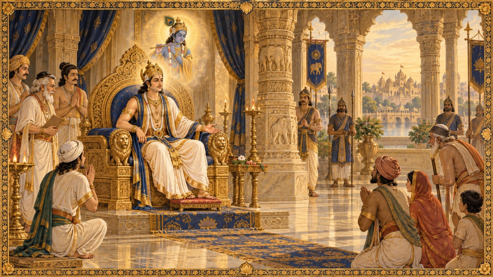 King Yudhishthira seated on his throne protecting his subjects like a father, his mind fixed on Sri Krishna