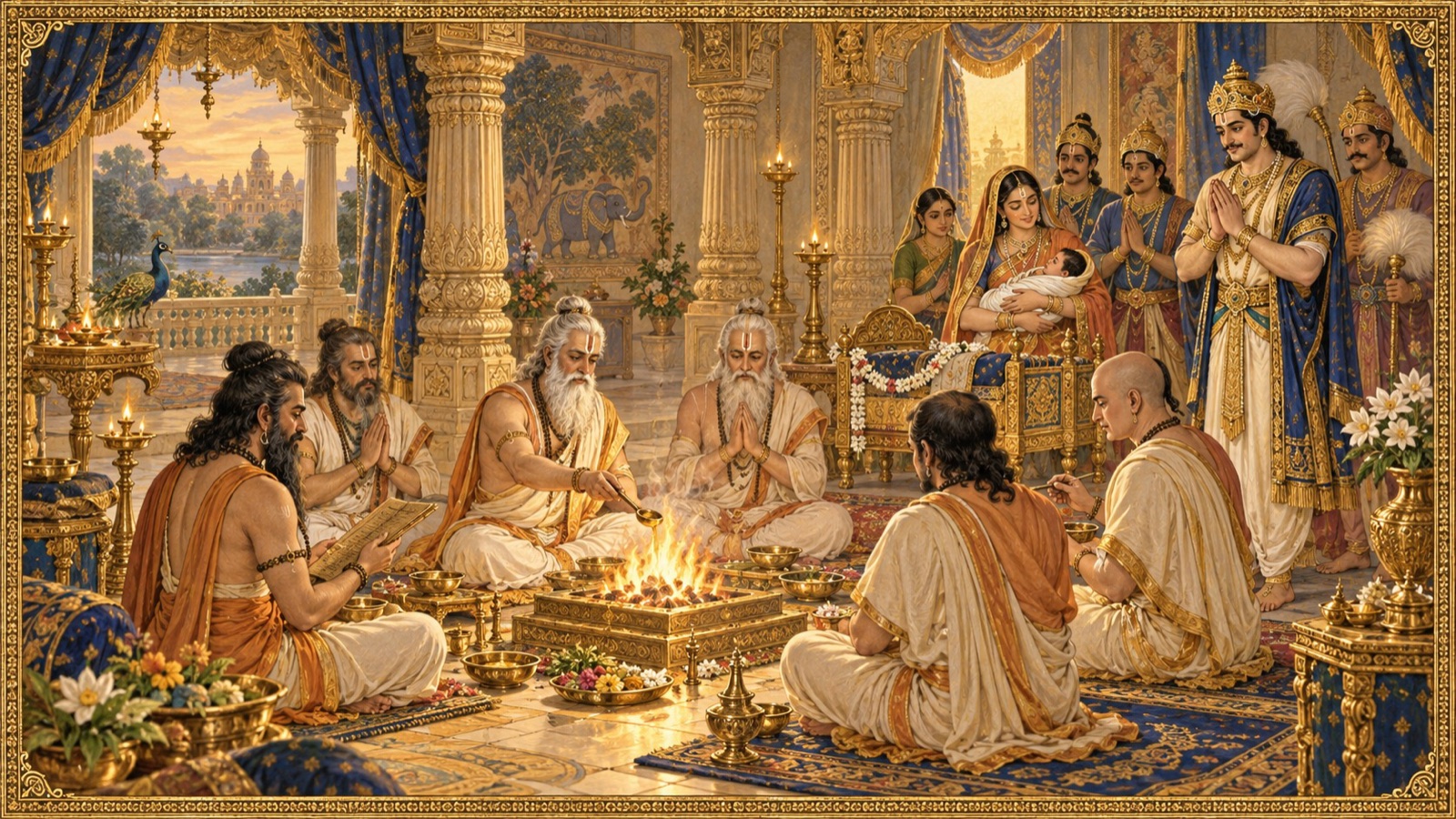 Holy Brahmanas reciting benedictory hymns and performing the birth-rites for the newborn Parikshit before the joyful King Yudhishthira