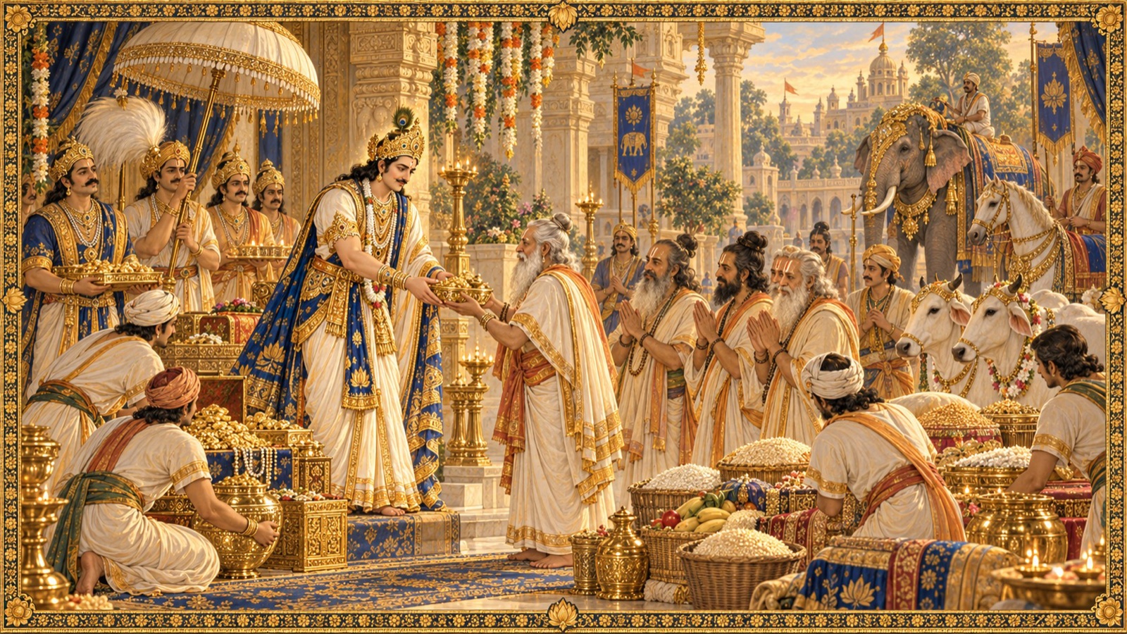 King Yudhishthira bestowing gold, cows, land and grain upon the Brahmanas at the sacred hour of Parikshit's birth