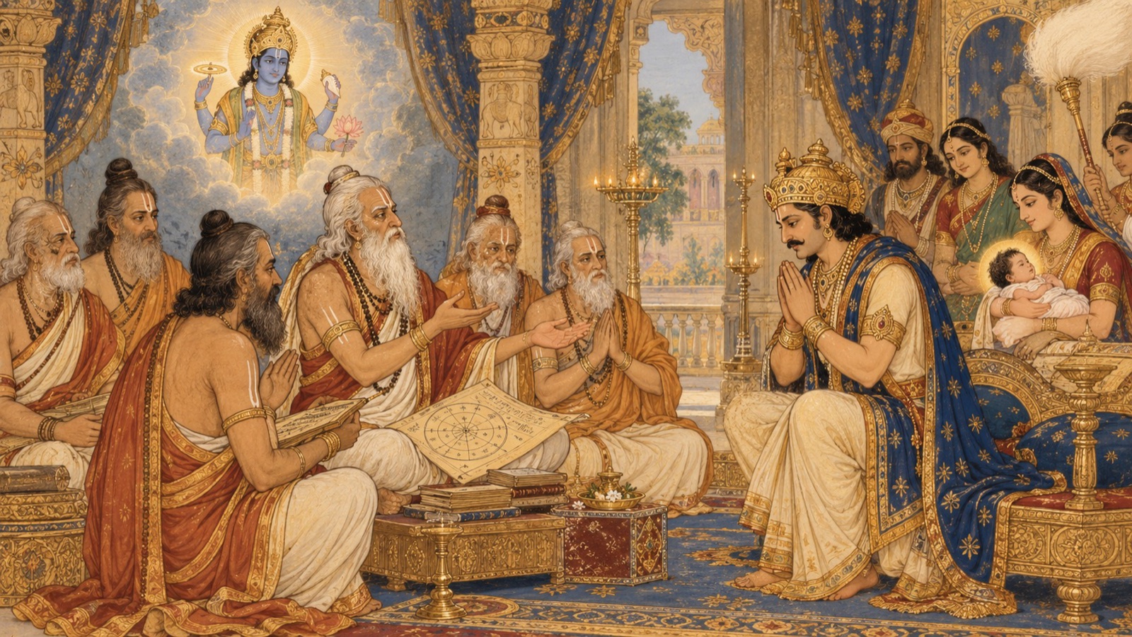 Learned Brahmanas foretelling the greatness of the newborn child before King Yudhishthira in the palace hall