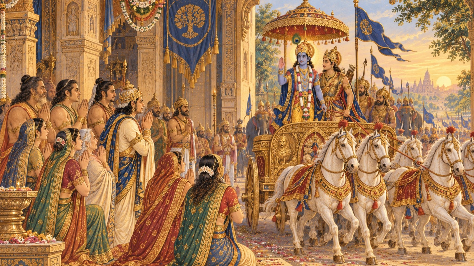 Sri Krishna setting out for Dwaraka in His chariot with Arjuna, surrounded by the Yadu chiefs, after the horse-sacrifices at Hastinapura