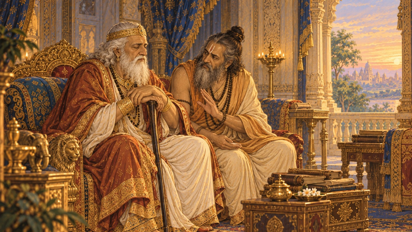 विदुर वृद्ध अन्धे राजा धृतराष्ट्र के समीप बैठकर उन्हें वैराग्य और वन-गमन का उपदेश देते हुए