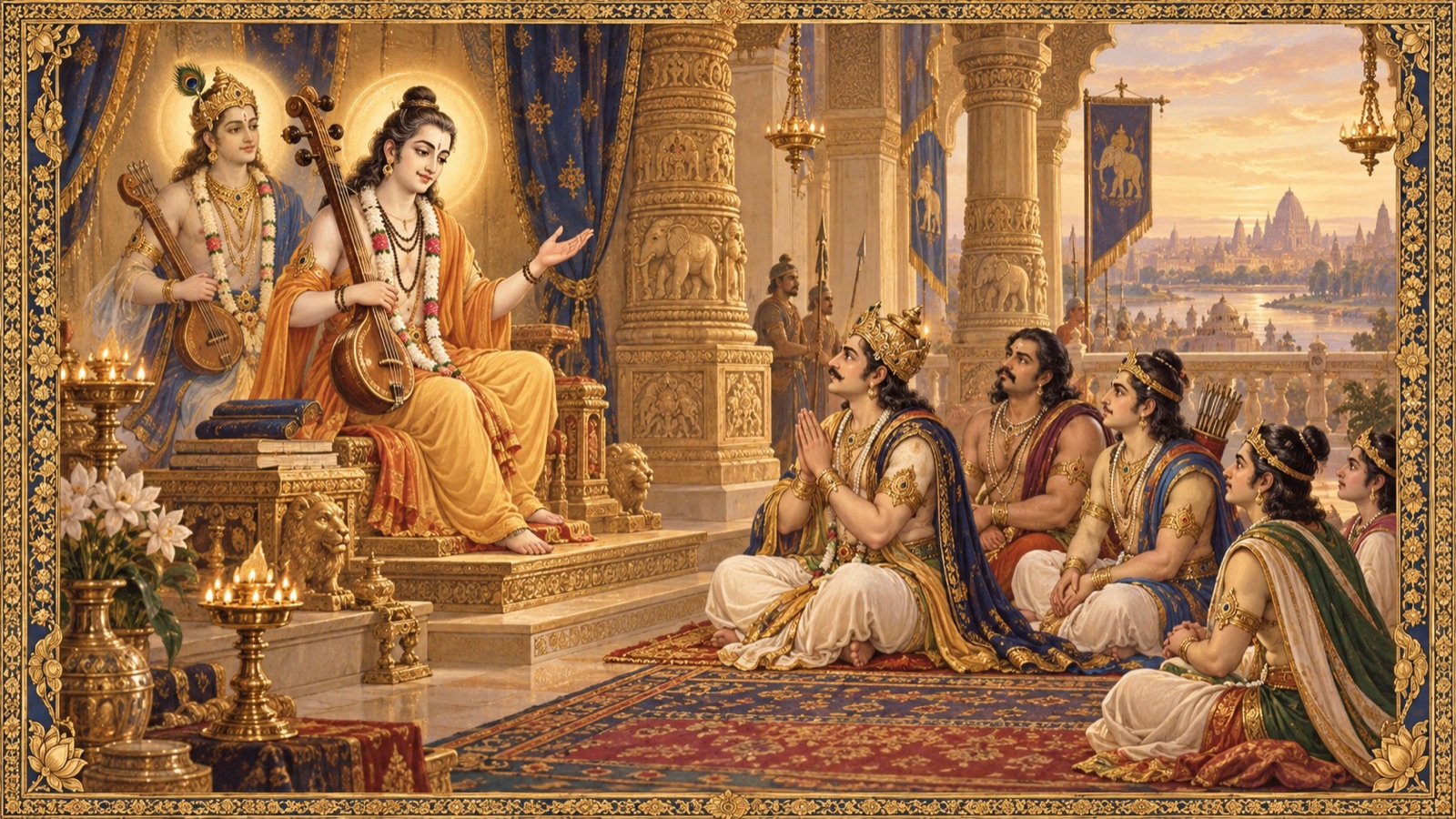 देवर्षि नारद तुम्बुरु के साथ युधिष्ठिर और उनके भाइयों को दैवी विधान पर उपदेश देते हुए