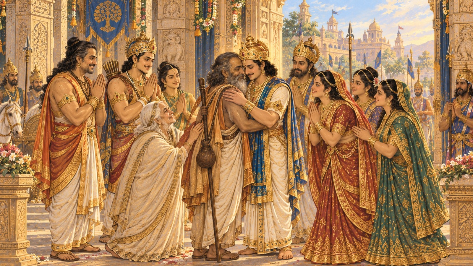 The pilgrim Vidura returning to the gates of Hastinapura, greeted with joy by the royal family