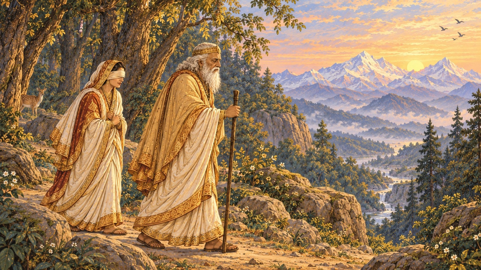 The blind king Dhritarashtra walking toward the Himalayas with Gandhari following behind him at dawn