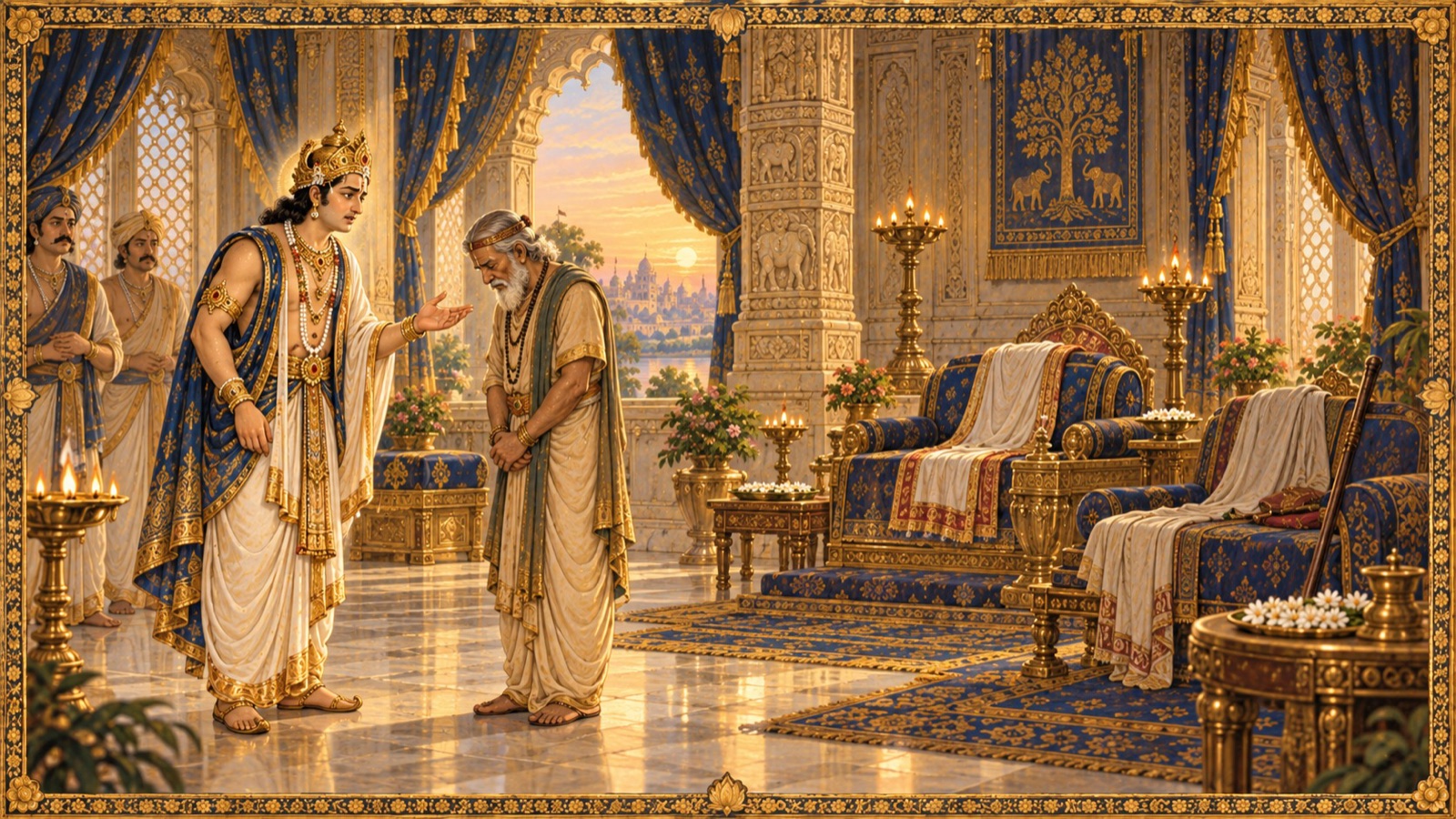 King Yudhishthira questioning the counsellor Sanjaya in the empty chambers of his elders