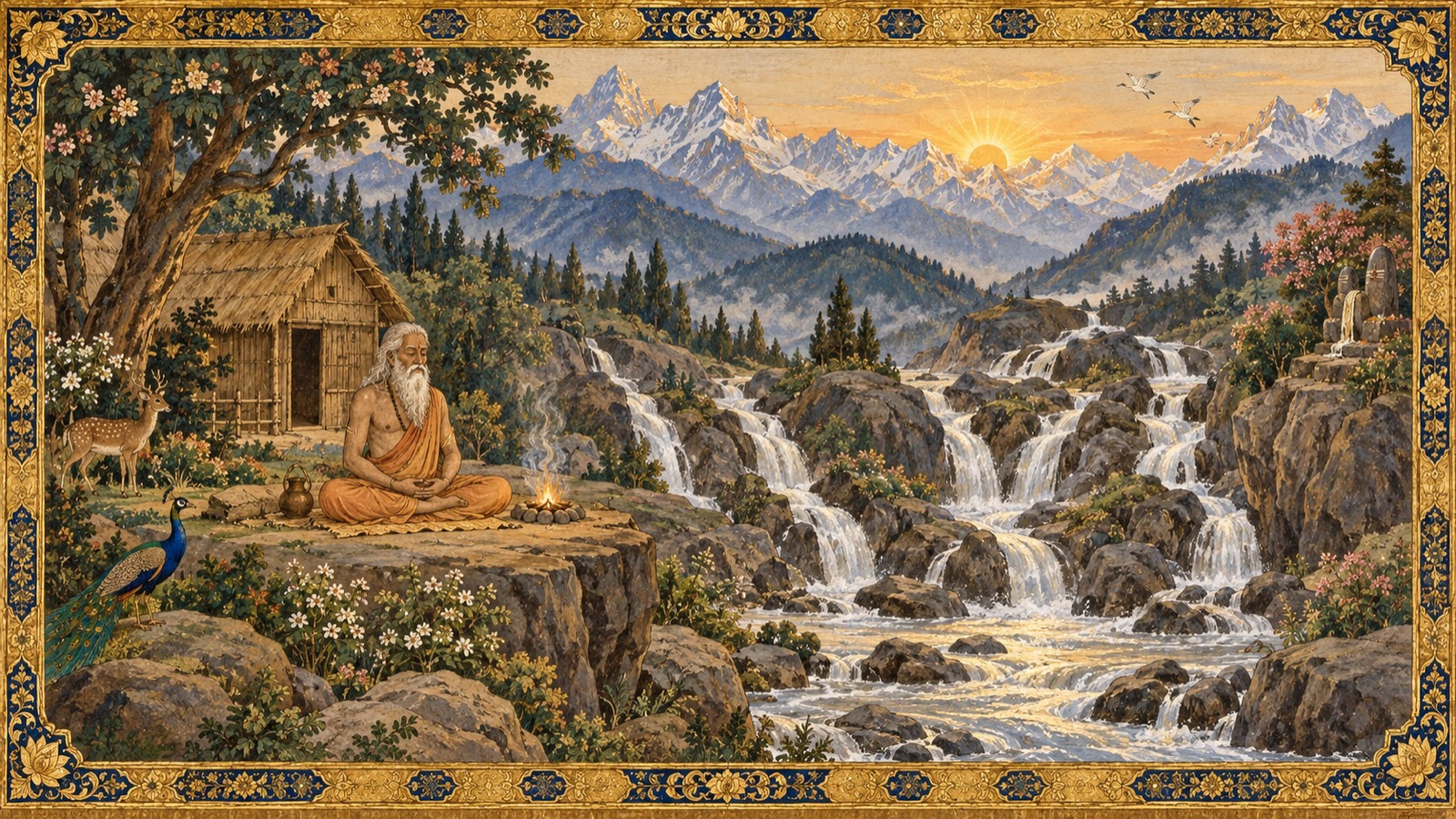 The old king Dhritarashtra seated in yogic meditation at the hermitage of Saptasrota where the Ganga flows in seven streams