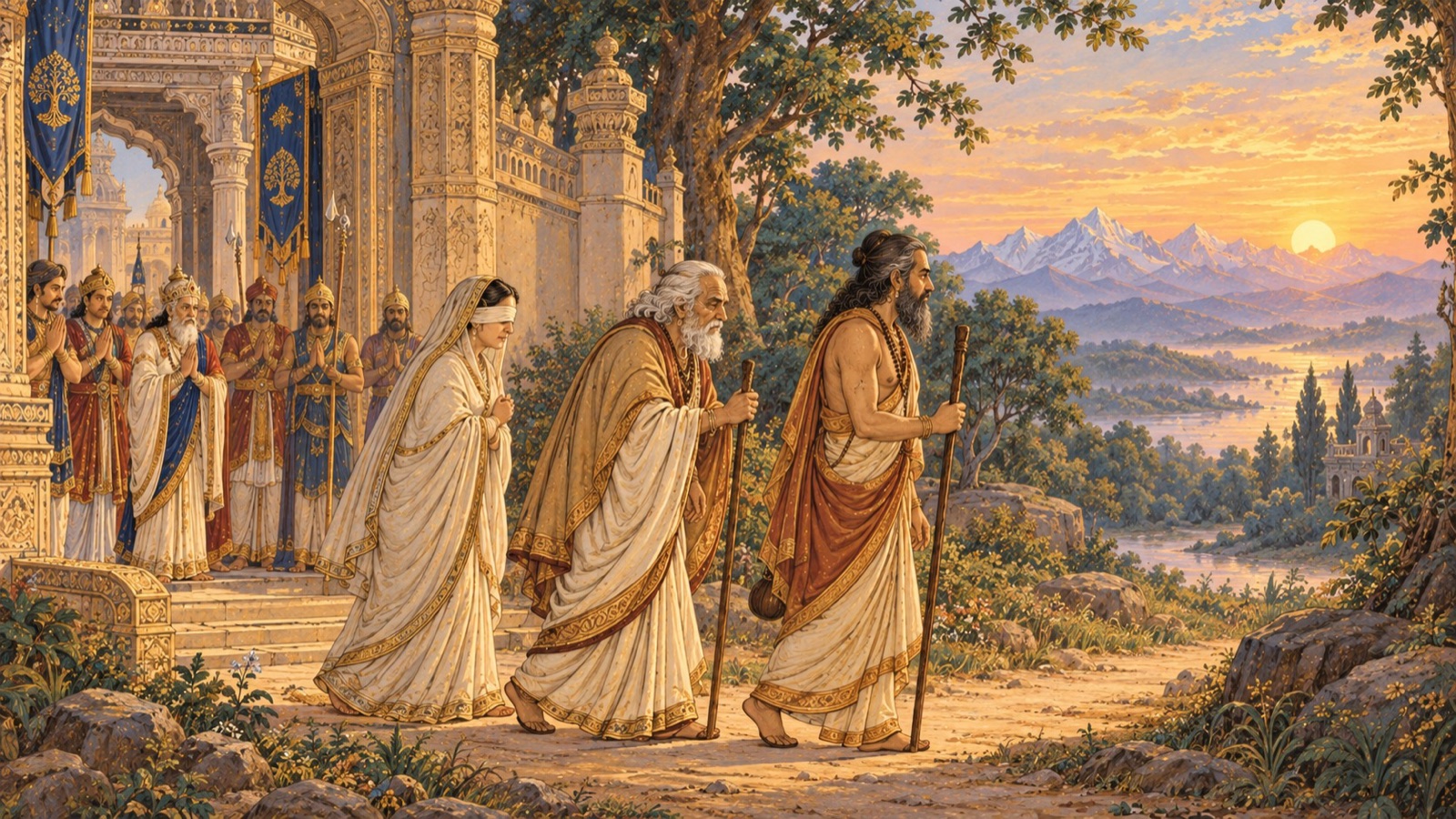 The aged blind king Dhritarashtra, led by Vidura and followed by Gandhari, departing the palace at dawn for the forest