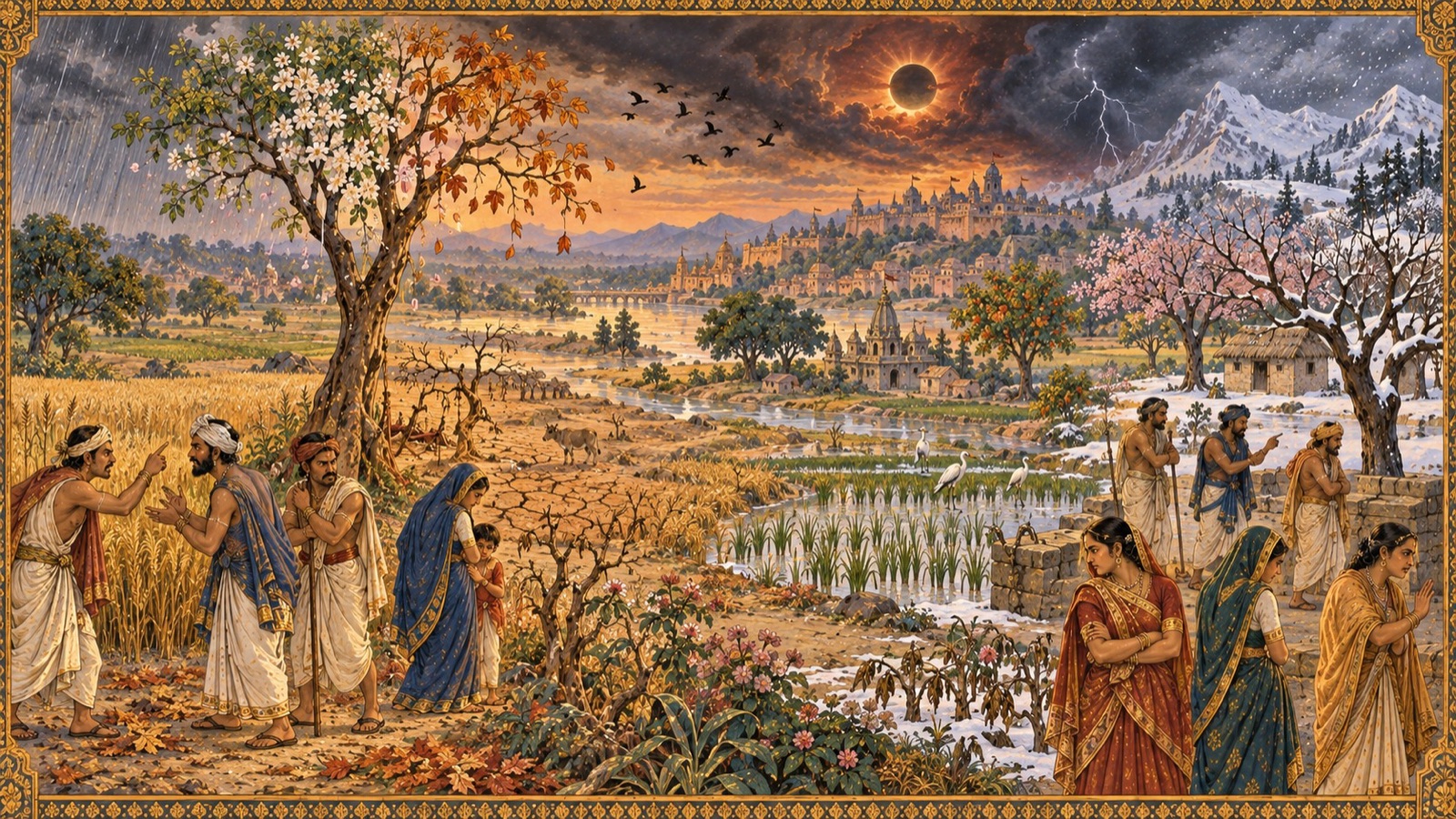 A troubled landscape where the seasons appear disordered and people quarrel, at the approach of the age of Kali