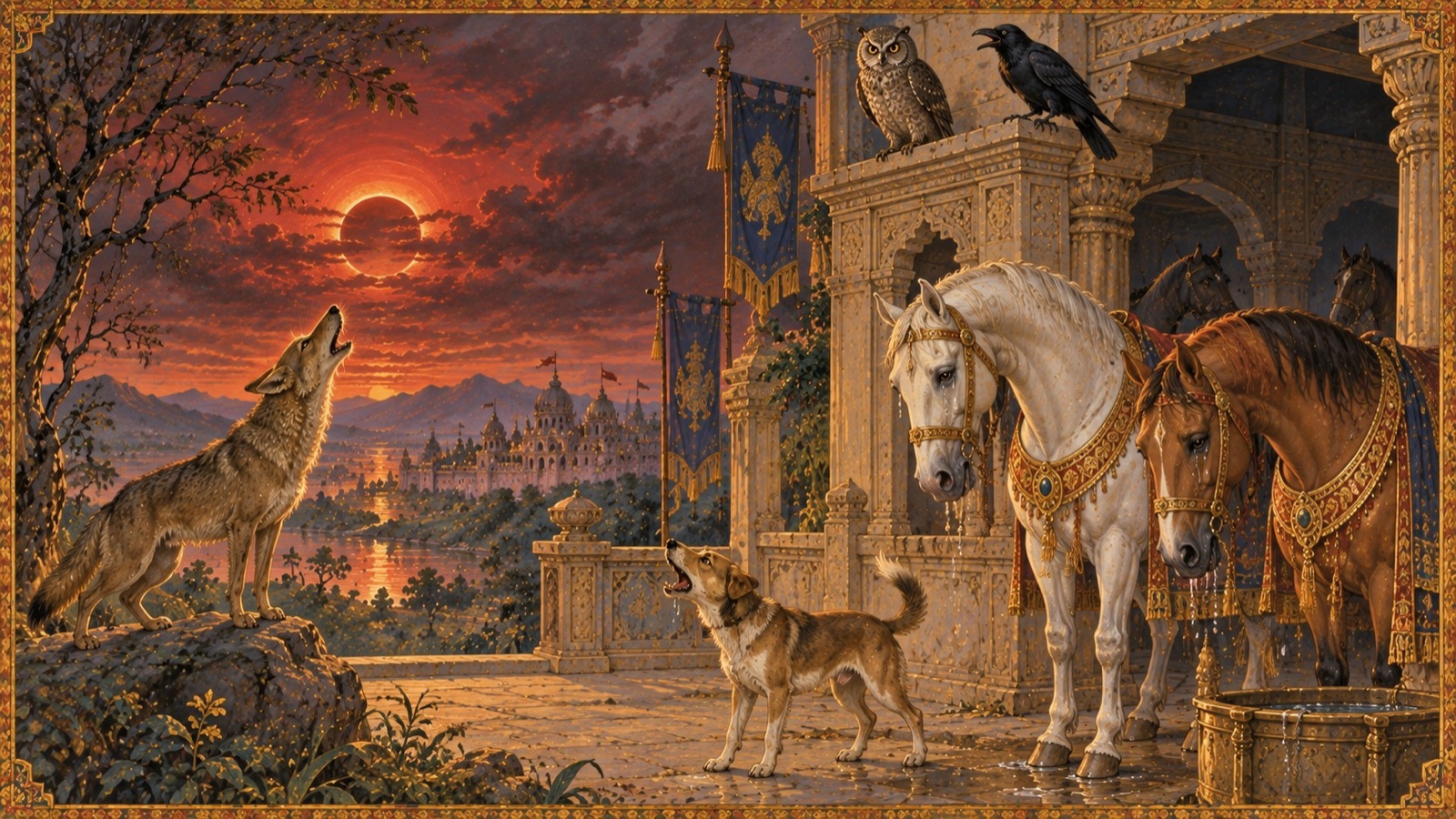 A she-jackal howling at the rising sun while horses weep and an owl and crow perch in the gloom
