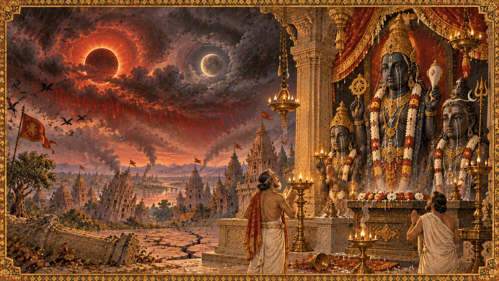 A smoky sky with clouds appearing to rain blood while the images of the gods seem to weep in a temple below