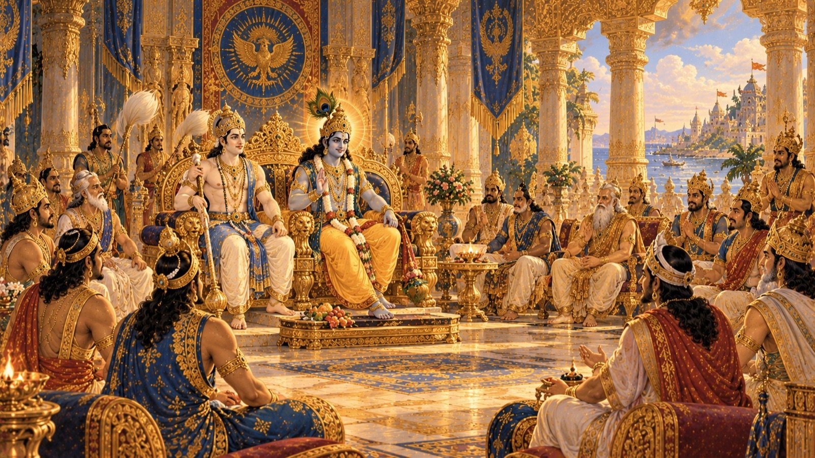 A vision of Lord Krishna seated among the Yadu kinsmen in the splendid Sudharma assembly hall of Dwaraka