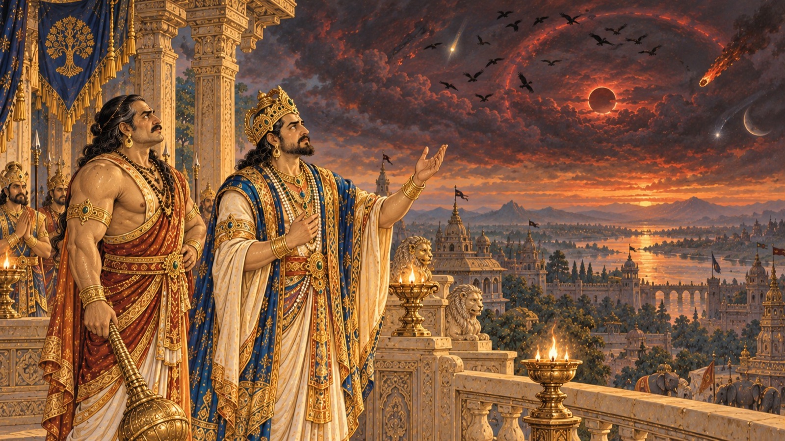 King Yudhishthira standing anxiously and gazing at a darkening sky filled with fearful omens over Hastinapura