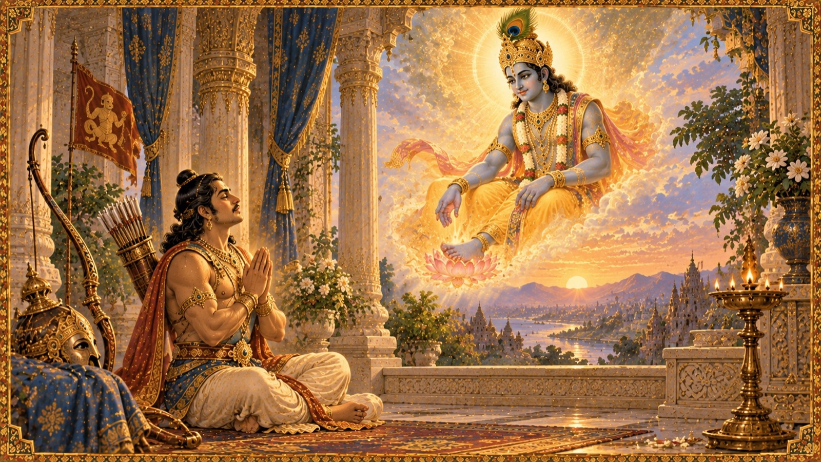 अर्जुन श्रीकृष्ण के चरणकमलों का शान्त ध्यान करते हुए, शोक शान्त भक्ति में परिणत होता हुआ