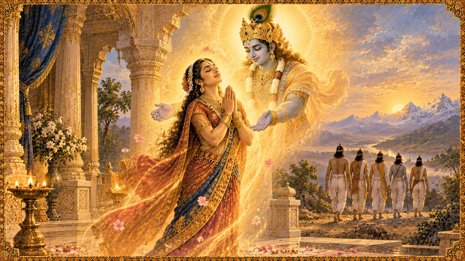 द्रौपदी हाथ जोड़े, अपना समस्त हृदय श्रीकृष्ण में स्थिर किये, उन्हें प्राप्त होते हुए देदीप्यमान