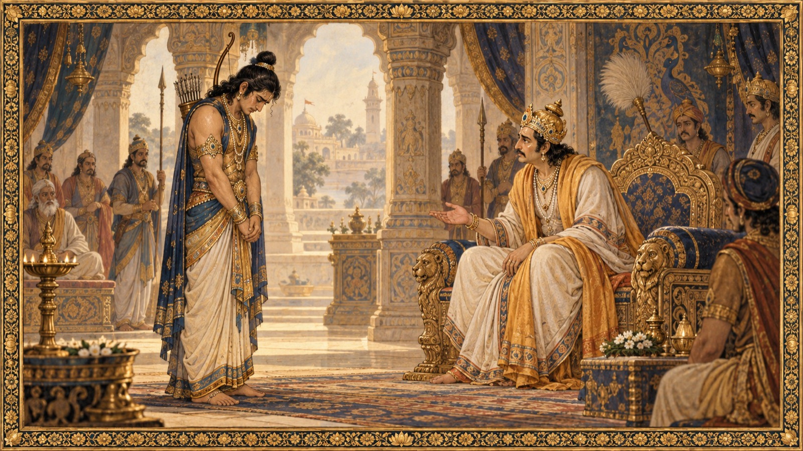 Arjuna, grown thin and pale with grief, standing speechless before King Yudhishthira in the palace hall