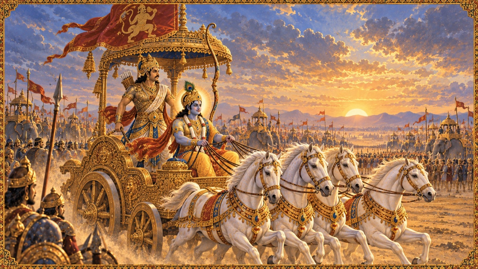 Sri Krishna driving Arjuna's chariot on the field of Kurukshetra while Arjuna holds the Gandiva bow