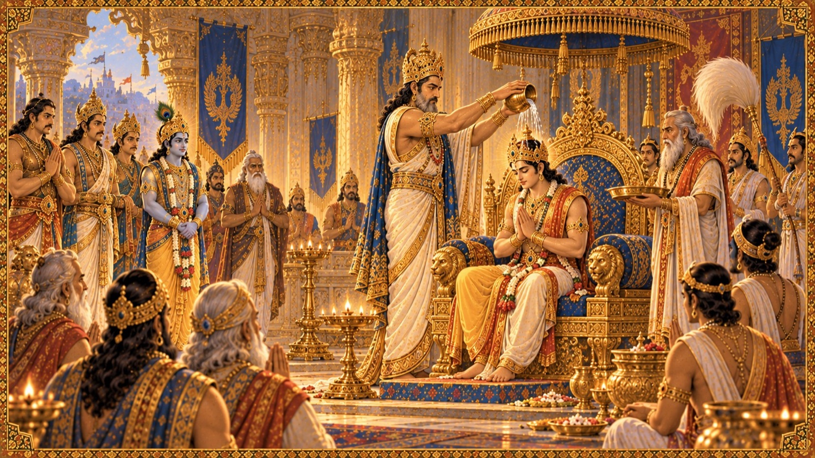 King Yudhishthira anointing his young grandson Parikshit as emperor upon the throne of Hastinapura