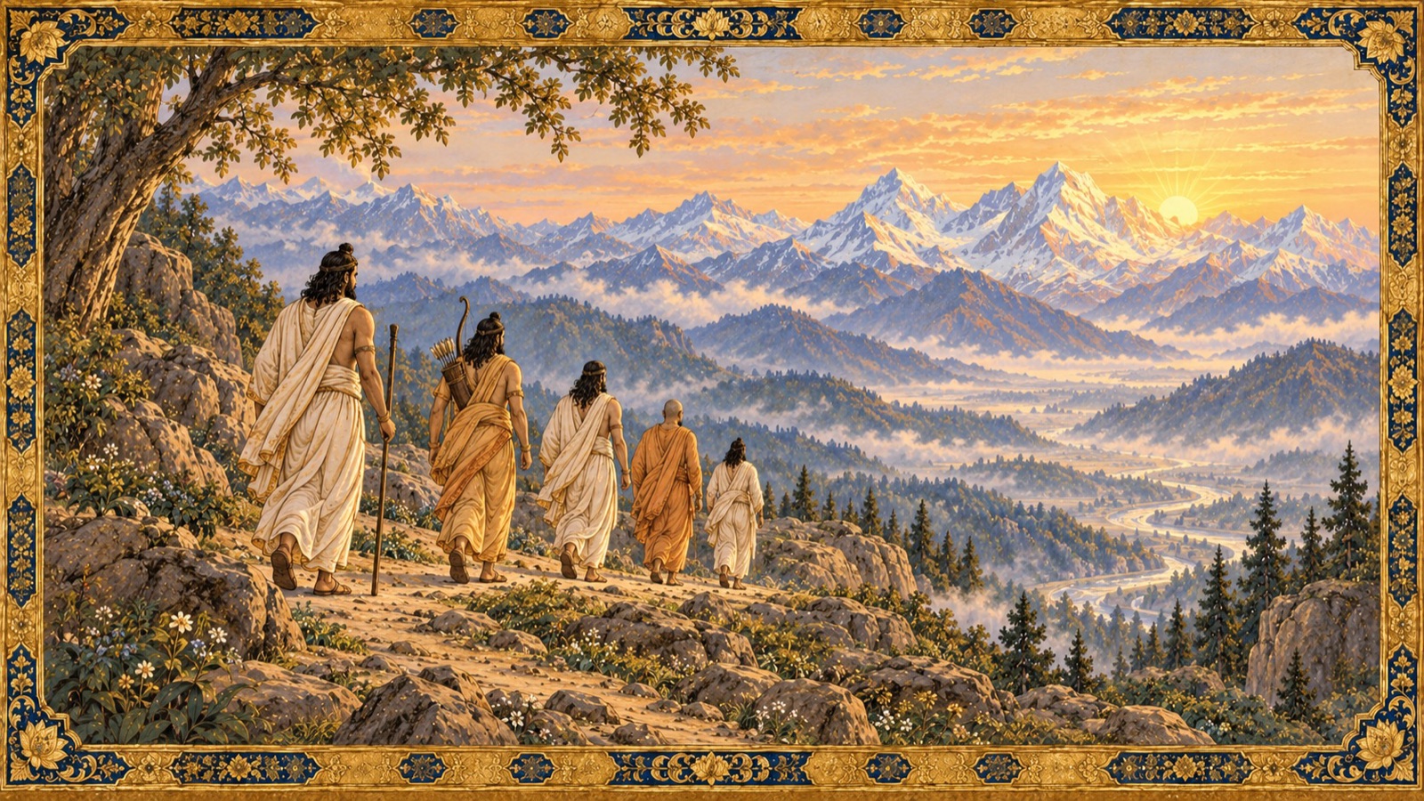The five Pandava brothers, having renounced their royal robes, walking northward toward the distant mountains on their final journey