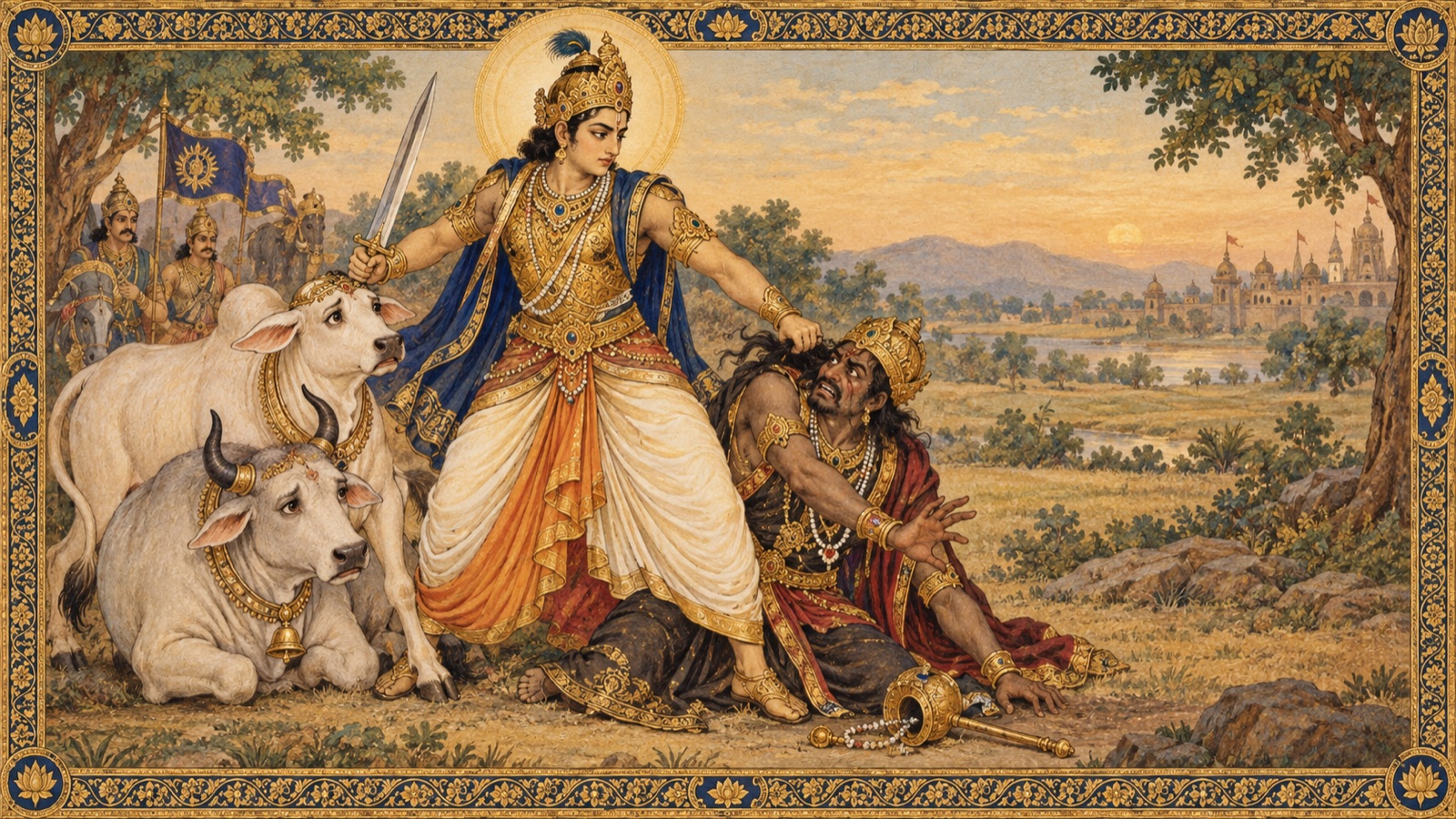राजा के वेश में किन्तु गौ और बैल को पैर से मारते कलि को पकड़कर राजा परीक्षित दण्डित करते हुए