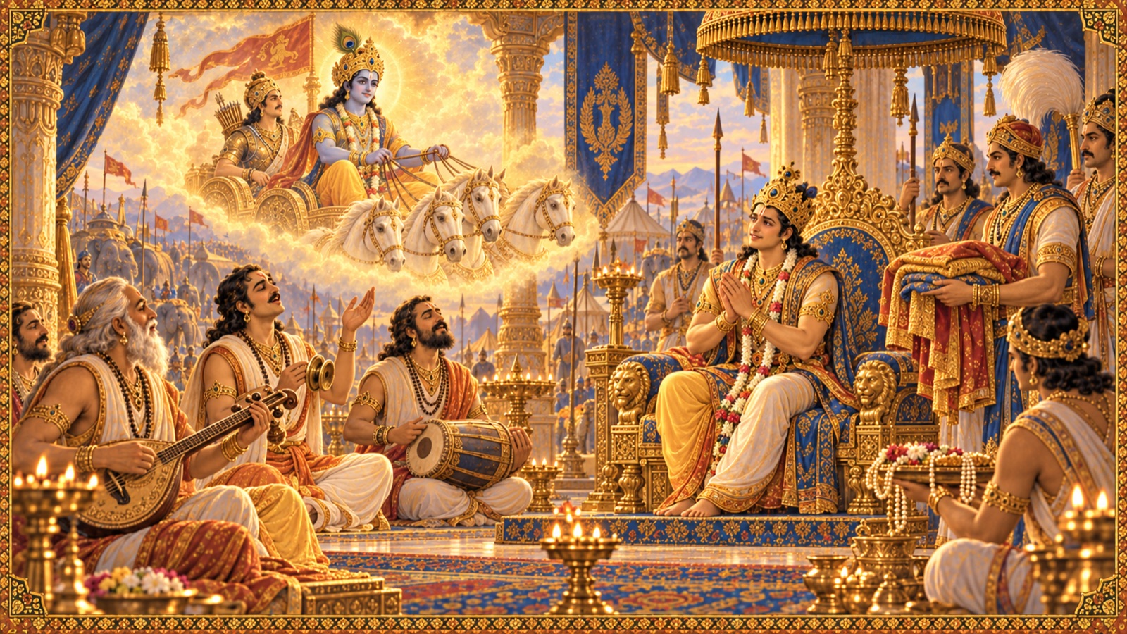 राजा परीक्षित भक्तिपूर्वक पाण्डवों और श्रीकृष्ण की महिमा गाते गायकों को सुनते और उन्हें वस्त्र-हार भेंट करते हुए