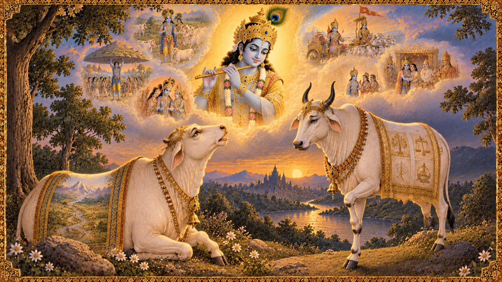 गौ रूपी पृथ्वी माता वृषभ रूपी धर्म से बात करती हुई जबकि ऊपर भगवान श्रीकृष्ण की तेजोमय छवि कोमल प्रकाश में