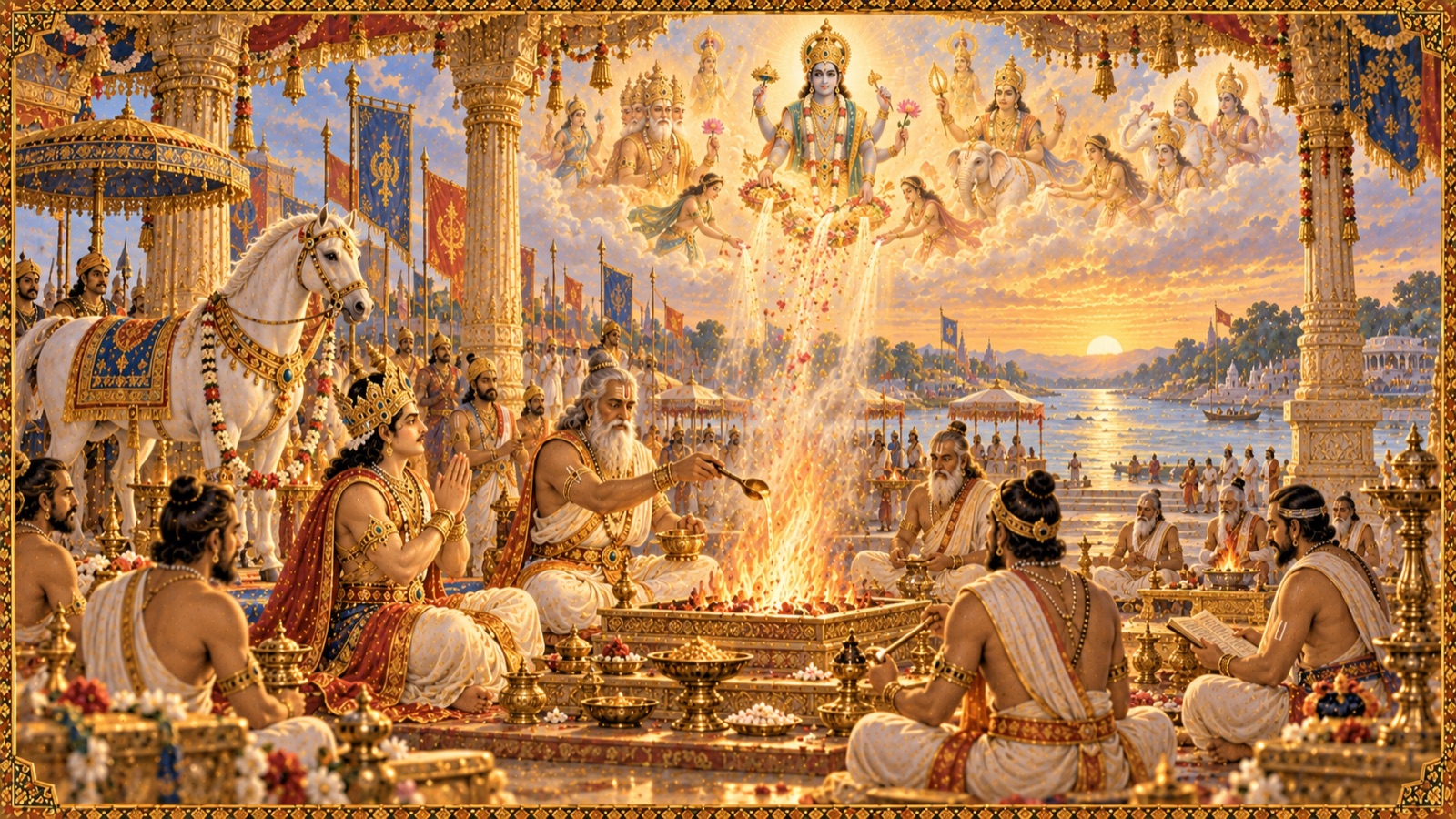 King Parikshit performs a horse-sacrifice on the bank of the Ganga with the sage Kripa as his guide while radiant gods accept the offerings