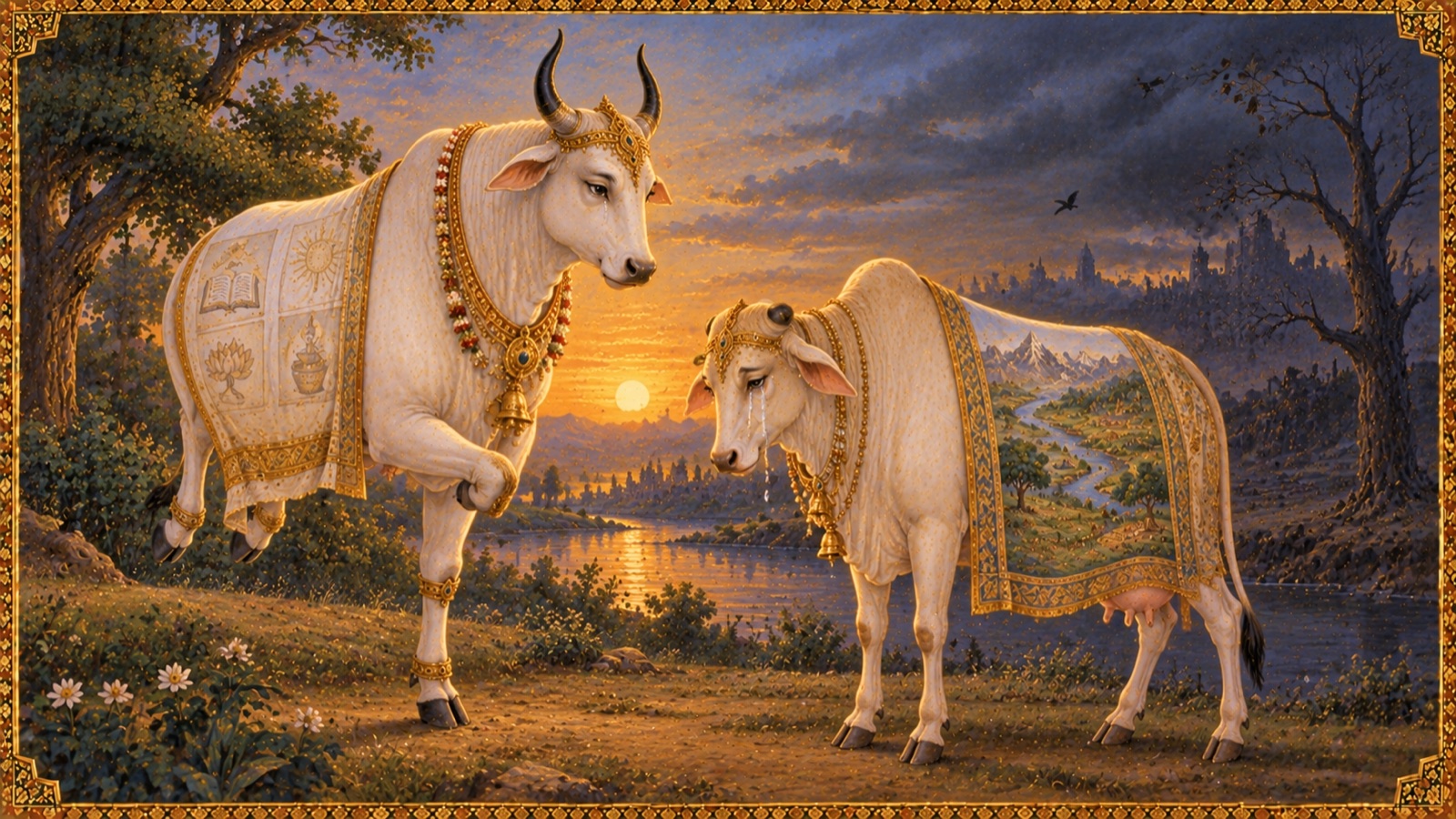 Dharma as a bull standing on one leg speaks with Mother Earth in the form of a weeping cow in a twilight field