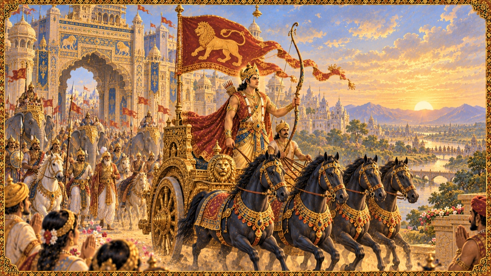 King Parikshit in golden armour rides out from his capital on a lion-bannered chariot drawn by dark horses to conquer the world