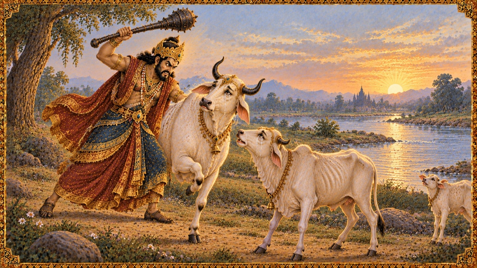 A white bull standing trembling on one leg beside an emaciated, tearful cow bereft of her calf, struck by a club-bearing figure in royal dress