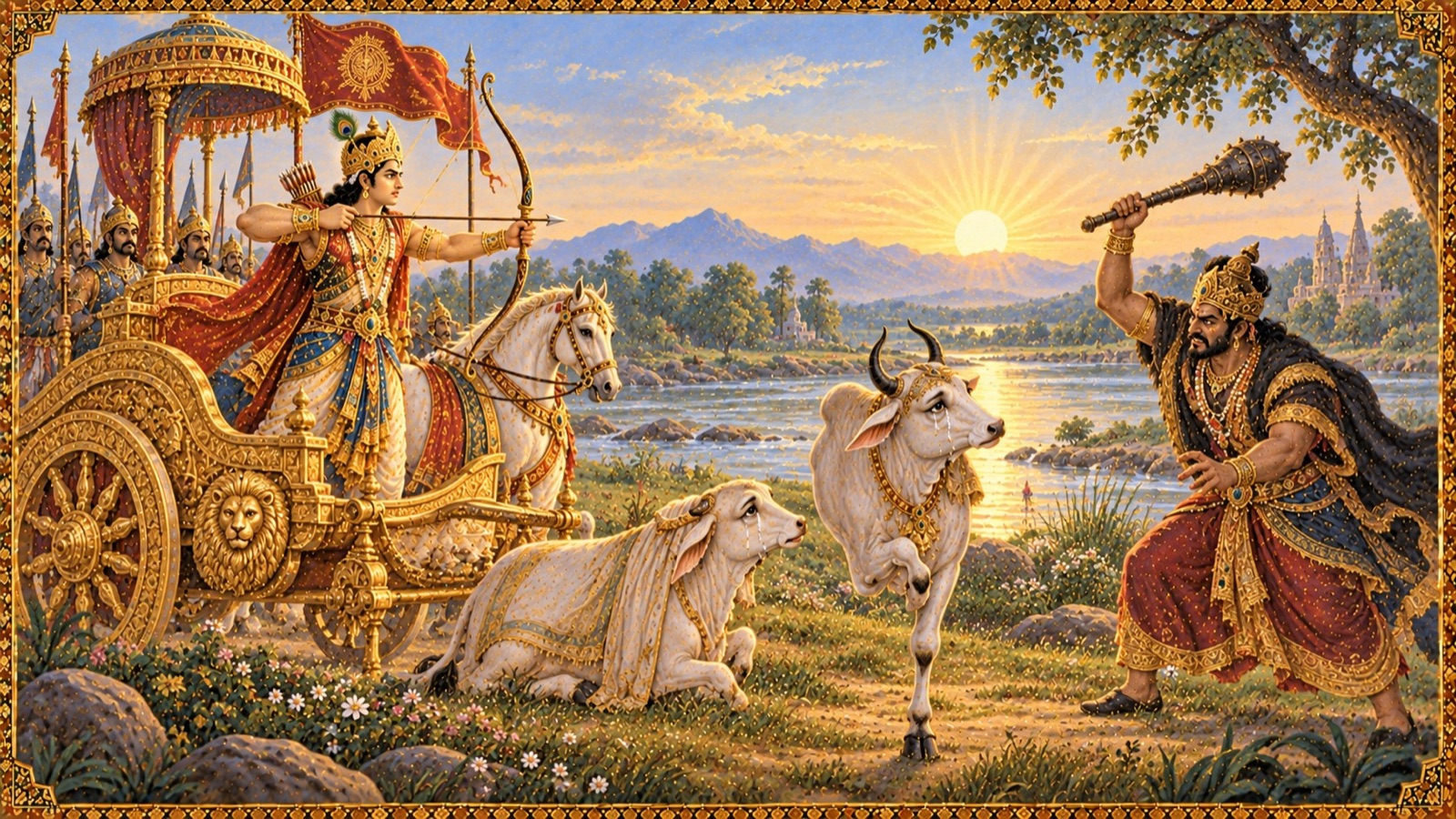 Emperor Parikshit on his golden chariot, bow drawn, confronting the personality of Kali who beats a white bull and a weeping cow on the Sarasvati riverbank