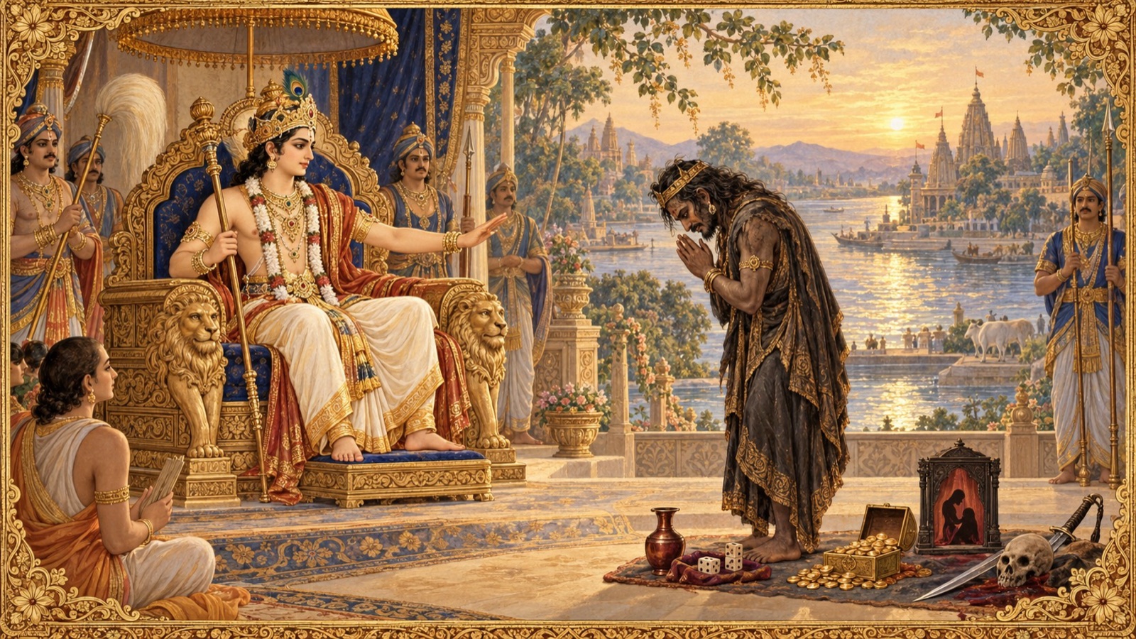 King Parikshit assigning the subdued Kali his five permitted dwellings, illustrated with restrained symbolic emblems