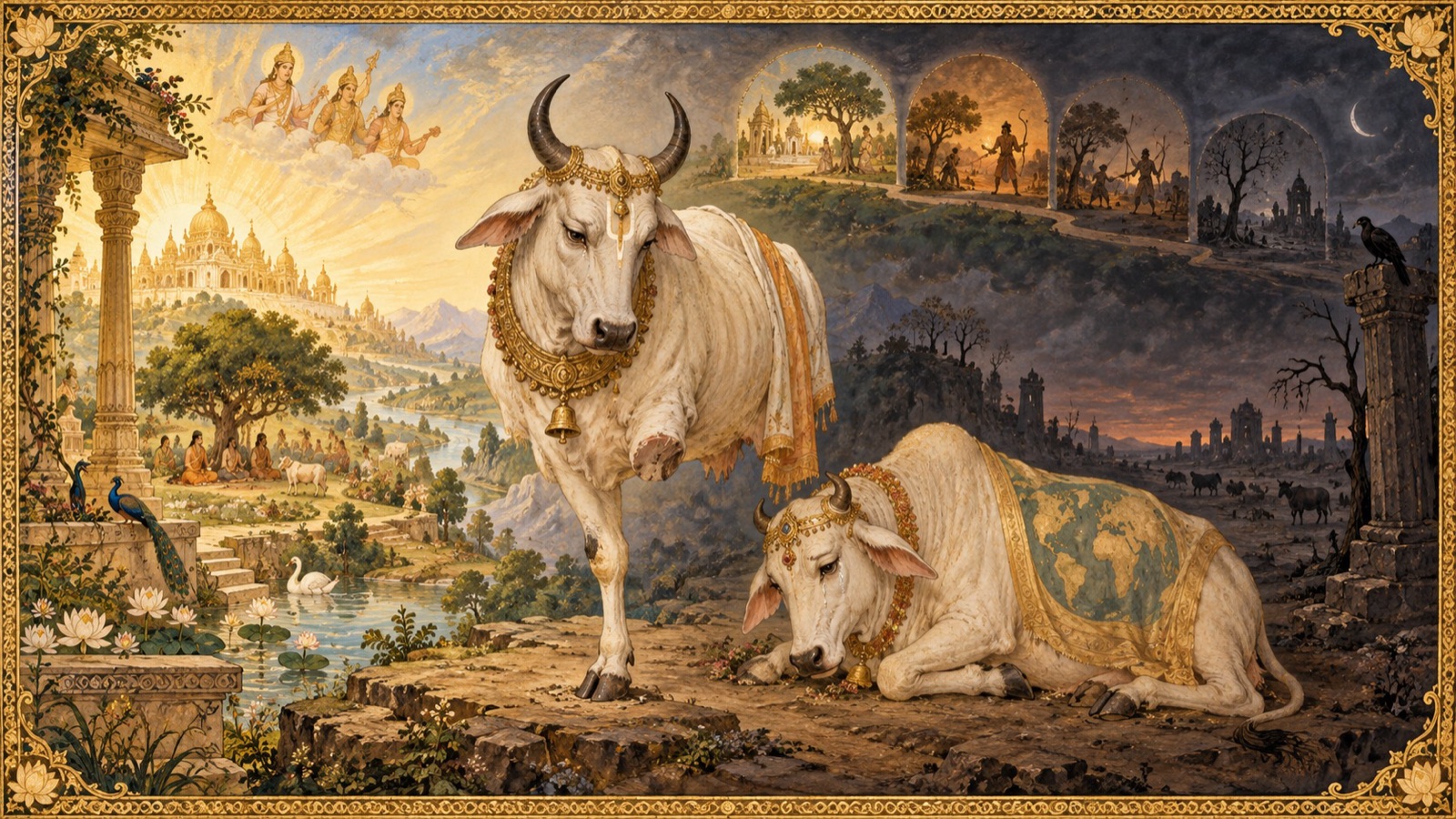 Symbolic depiction of the bull of Dharma losing three of its four legs across the ages, with Mother Earth as a grieving cow nearby