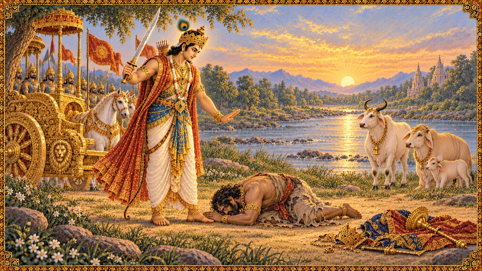 The personality of Kali casting off his royal garb and laying his head at the feet of King Parikshit, who holds a raised sword but does not strike