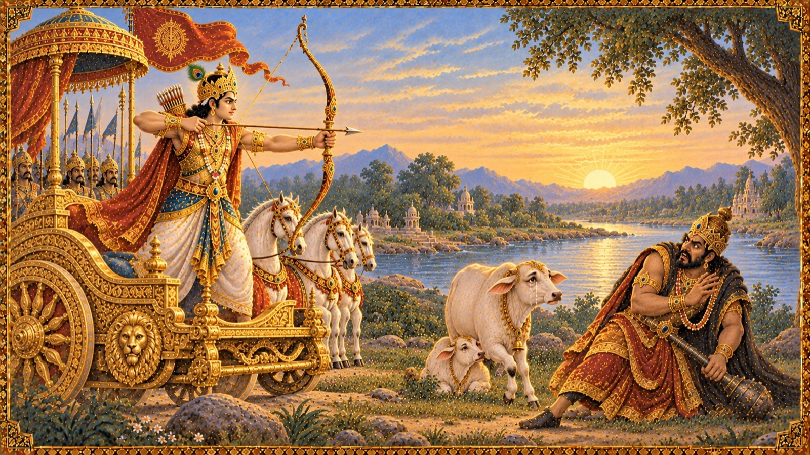 King Parikshit on a gold-plated chariot with strung bow, speaking sternly to the disguised tyrant Kali