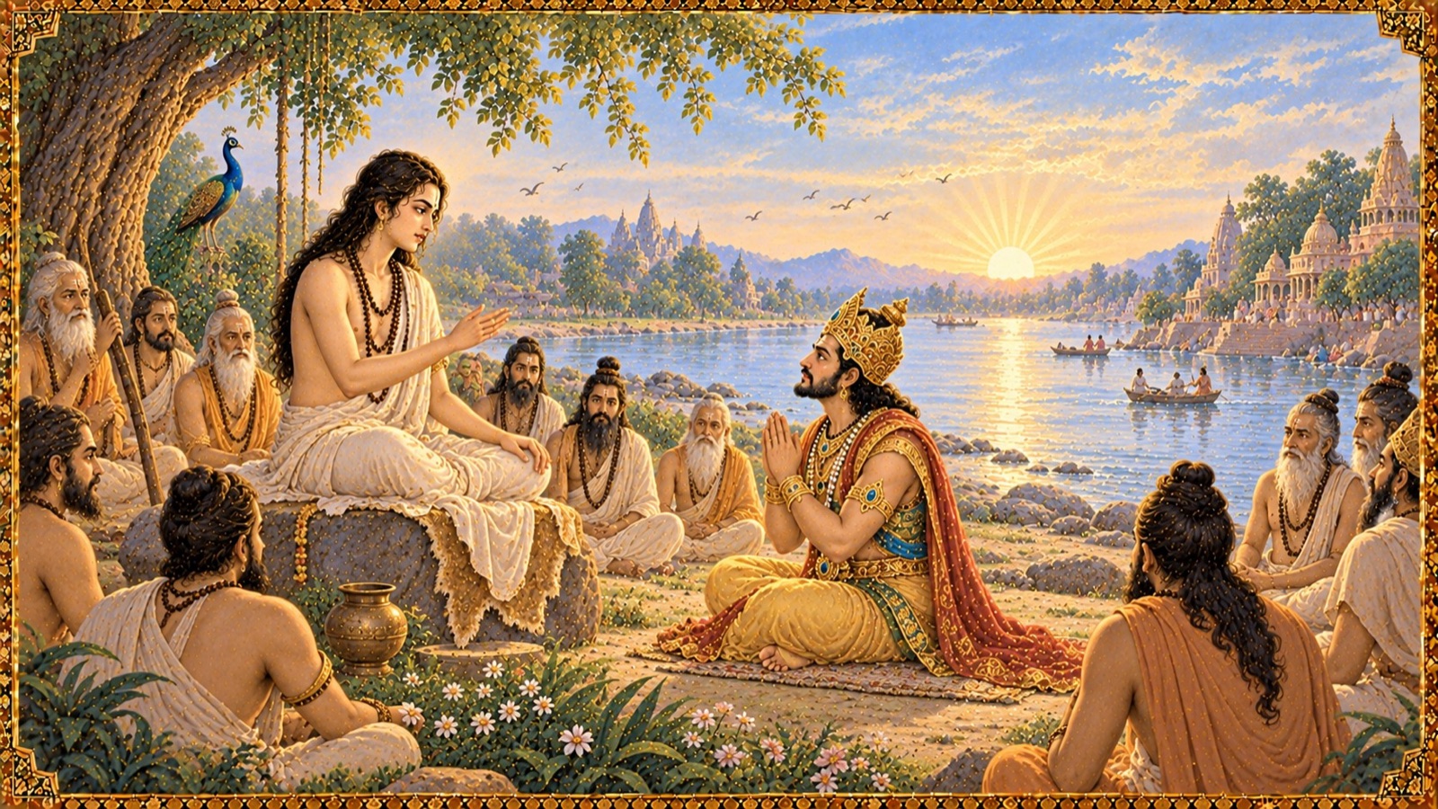 King Pariksit seated serenely on the bank of the Ganga receiving spiritual teaching from the sage Suka amid a circle of sages