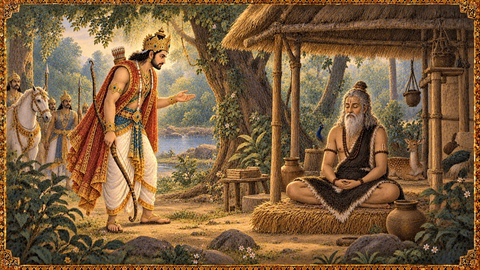 A weary king with a bow entering a forest hermitage where an old sage sits motionless in deep meditation with closed eyes