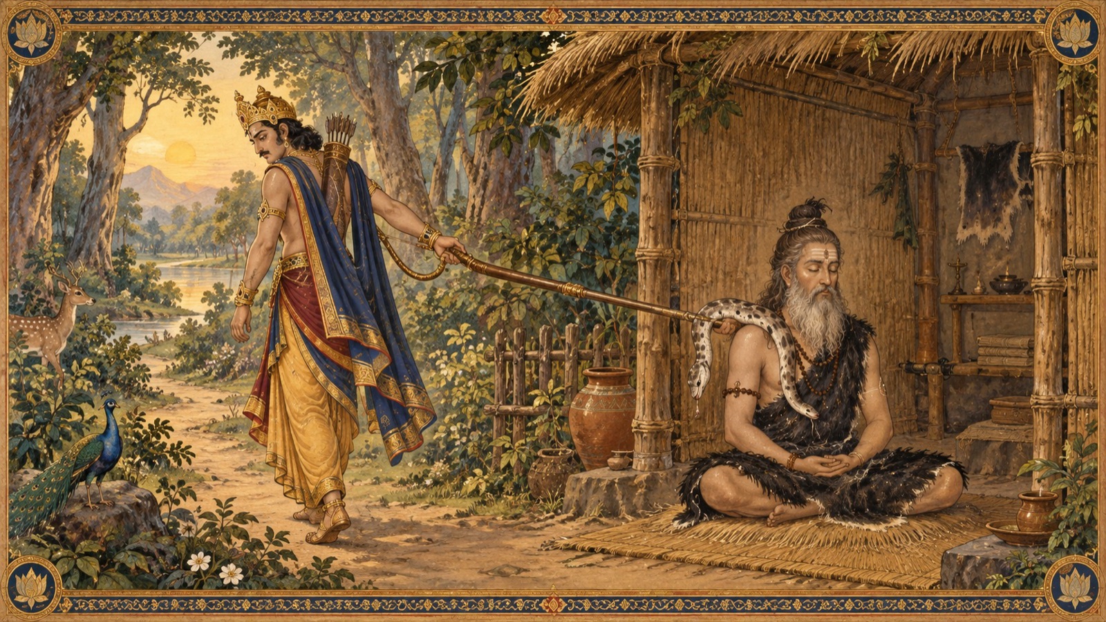 A king lifting a dead serpent on the tip of his bow to place it upon the shoulder of a meditating sage before departing