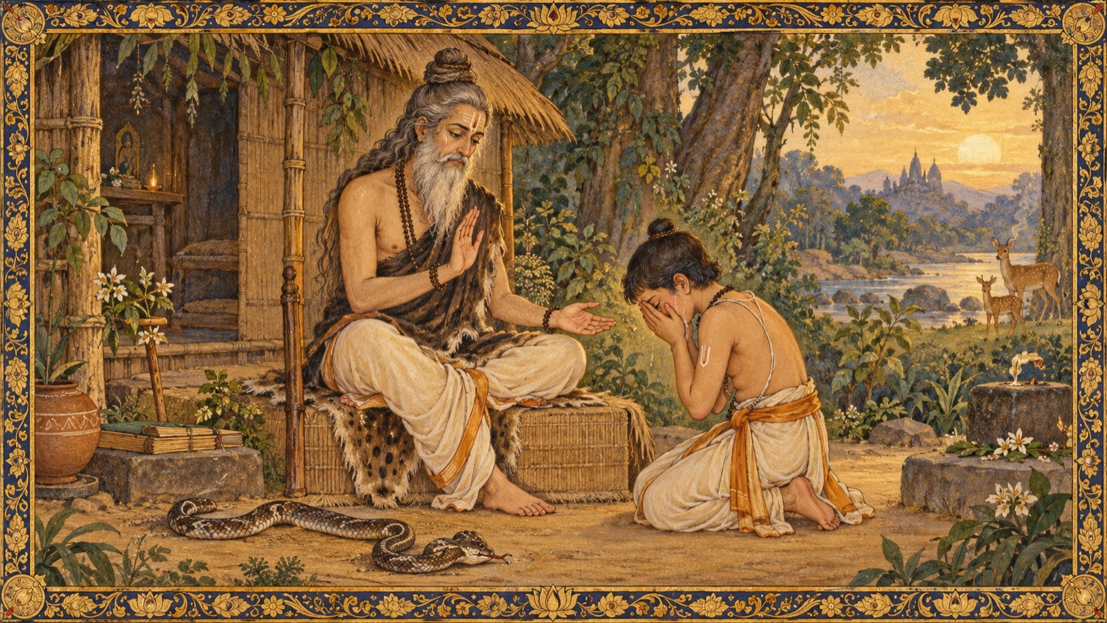 An aged sage opening his eyes with a sorrowful compassionate expression beside his weeping young son, a discarded serpent on the ground