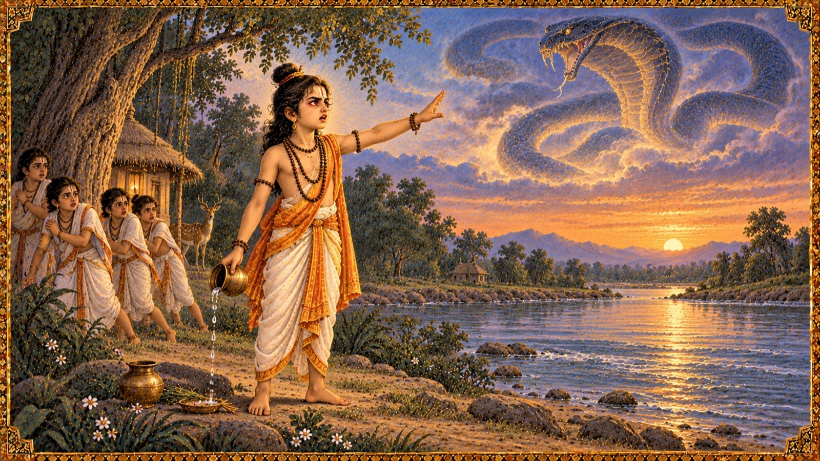 The boy-sage Srngi with folded palms and reddened eyes standing by a river, pronouncing a curse as a distant serpent form coils in the air