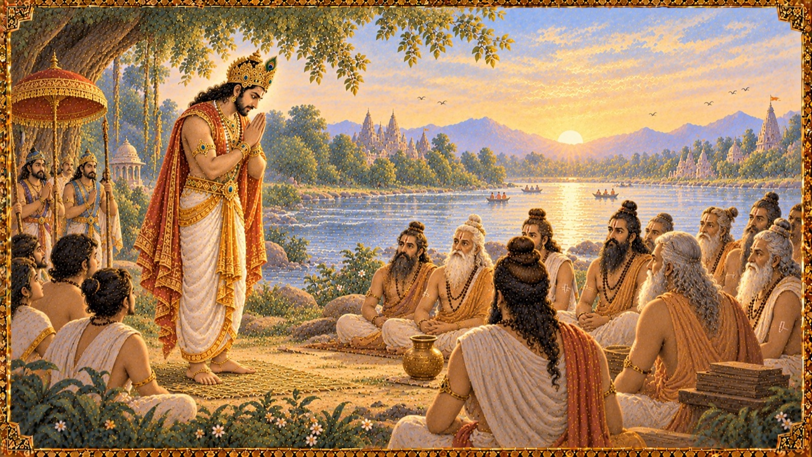 King Parikshit standing with joined palms before the assembled sages, praying for devotion to the Lord in every birth